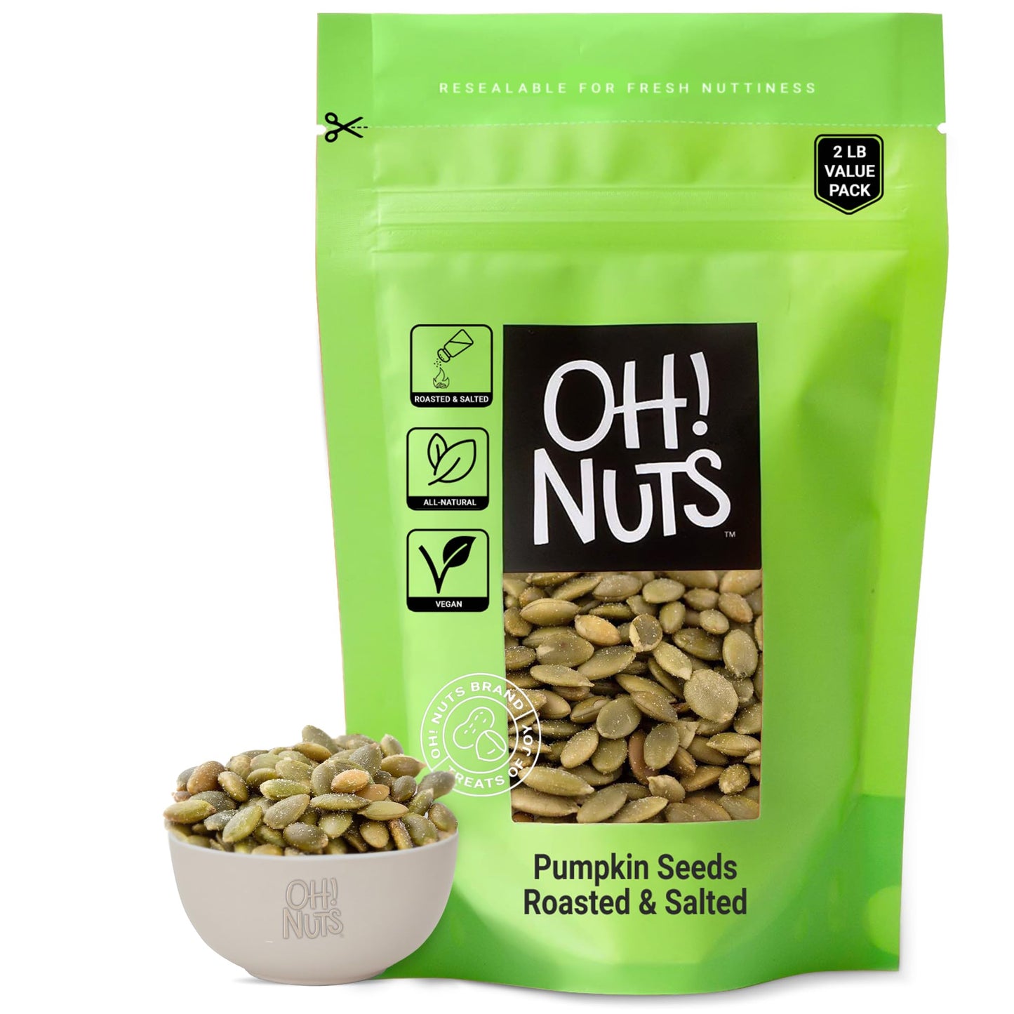 Pumpkin Seeds | Roasted Salted | 2 lb | No Shell Pepitas | Packed in New York Zip-Seal Bag for Exceptional Freshness by Oh Nuts