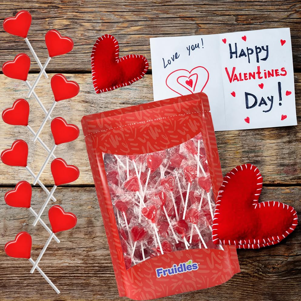 Fruidles Valentines Day Lollipops Mini Red Heart Shaped Strawberry Flavored Lollipop, Individually Wrapped, 5g Lollipops (1600 L