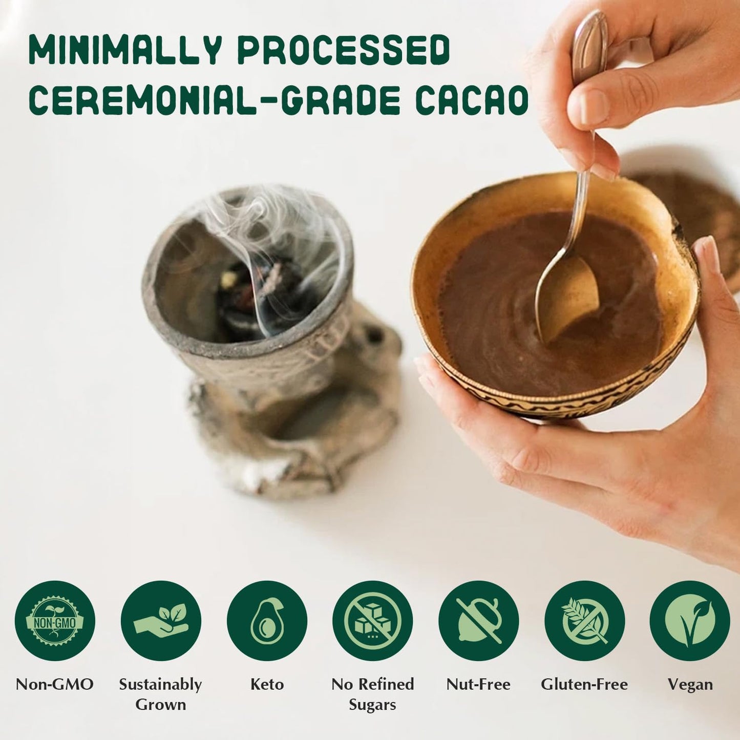 Organic Ceremonial Cacao Beverage Mix - Pure Ceremonial Grade Cacao Sustainably Sourced from Guatemala, Dark Chocolate Powder Su