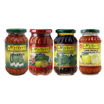 Mother's Recipe - South Indian Pickle Combo #1 (Mixed, Avakaya Mango, Gongura, Lime), 300g x 4