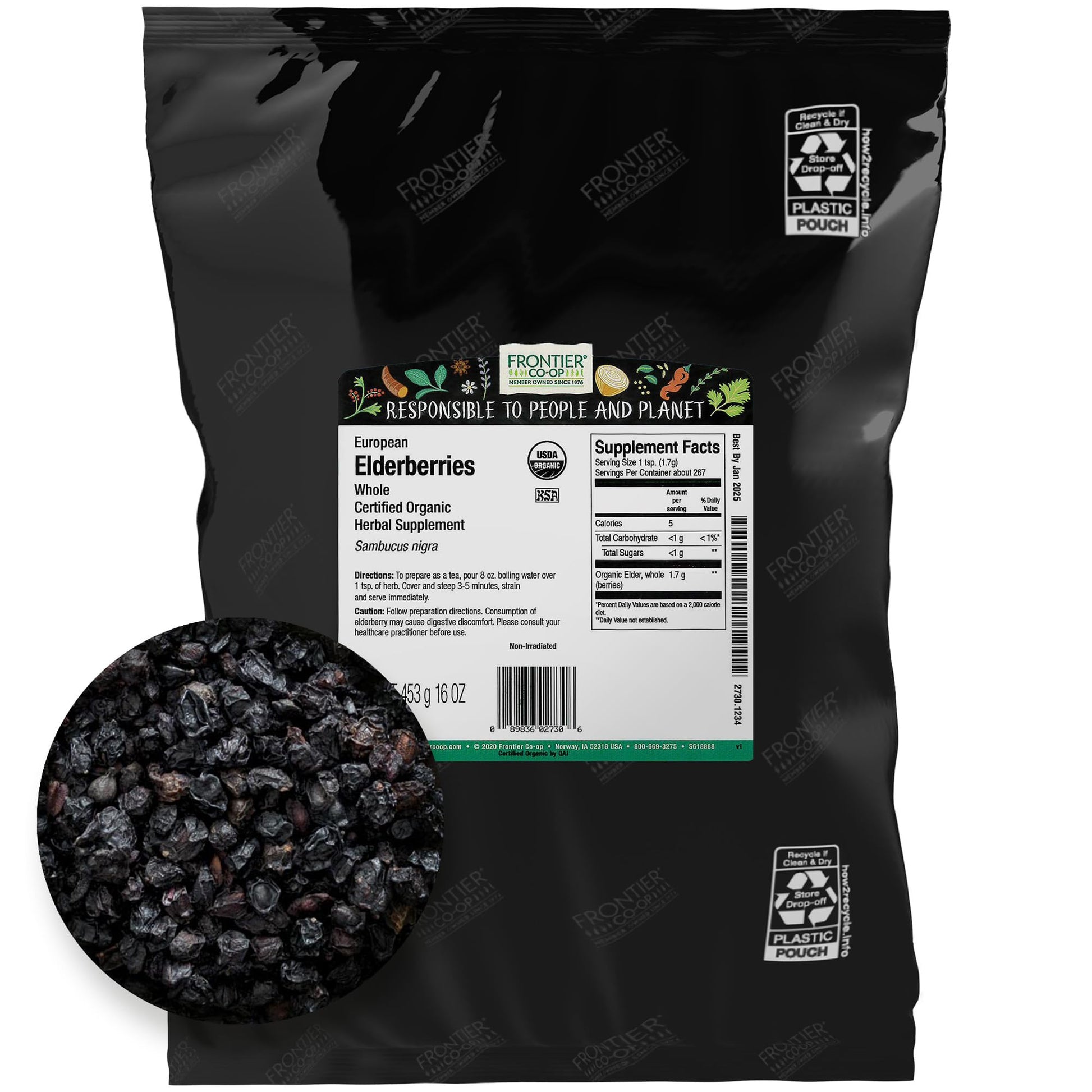 Frontier Co-op Dried Elderberries Organic, 1lb Bulk Bag, Whole Berries - Kosher and Non-GMO Dried Fruit for Elderberry Syrup, Te