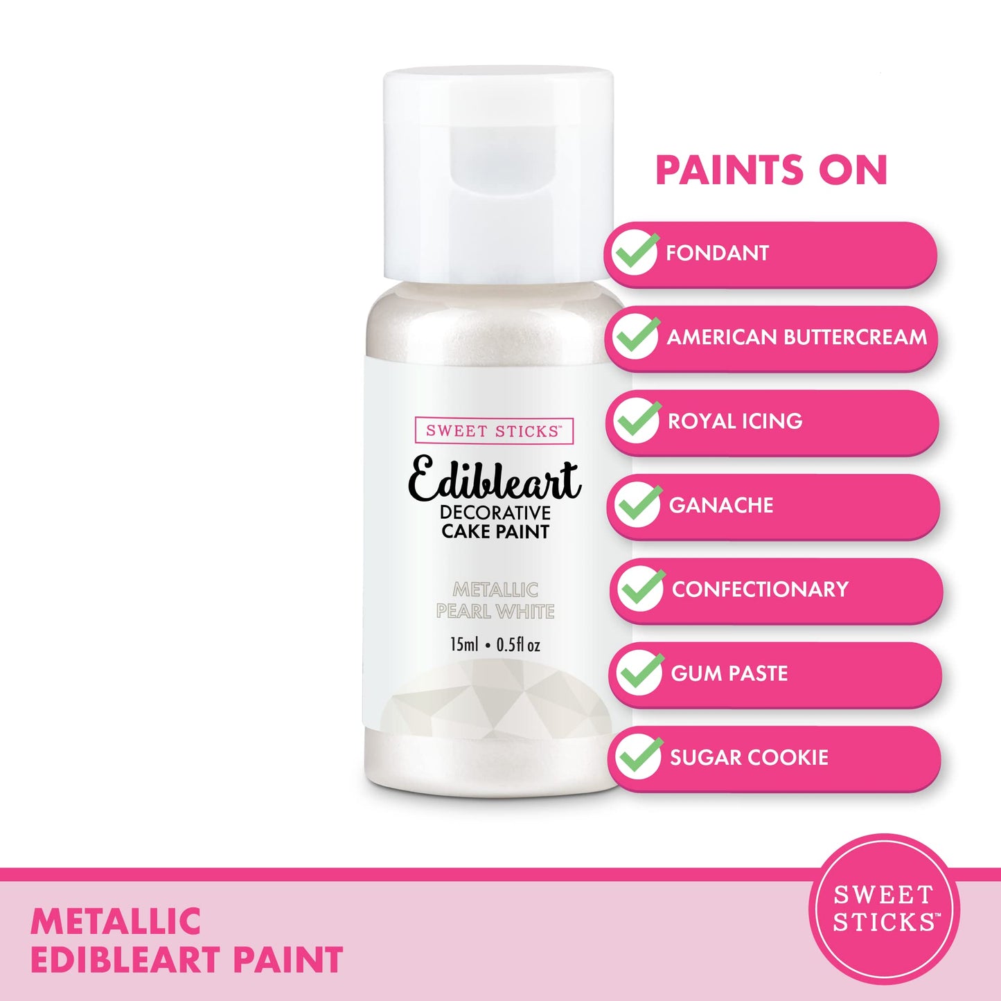 SWEET STICKS Edible Art Cake Paint 0.5 Fl Oz Metallic Pearl White EAP021