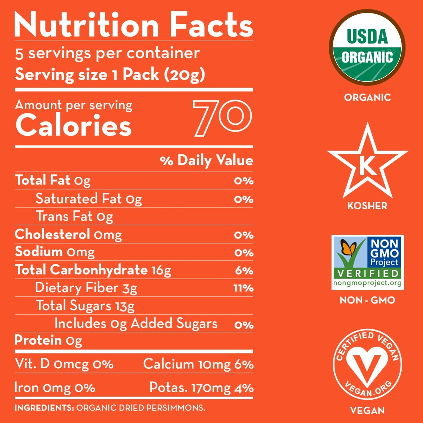 Sunny Fruit Organic Dried Persimmons - 6 Bags (30 Individual Portion Packs) | Healthy, Convenient Snack Packs | Organic, Non-Gmo