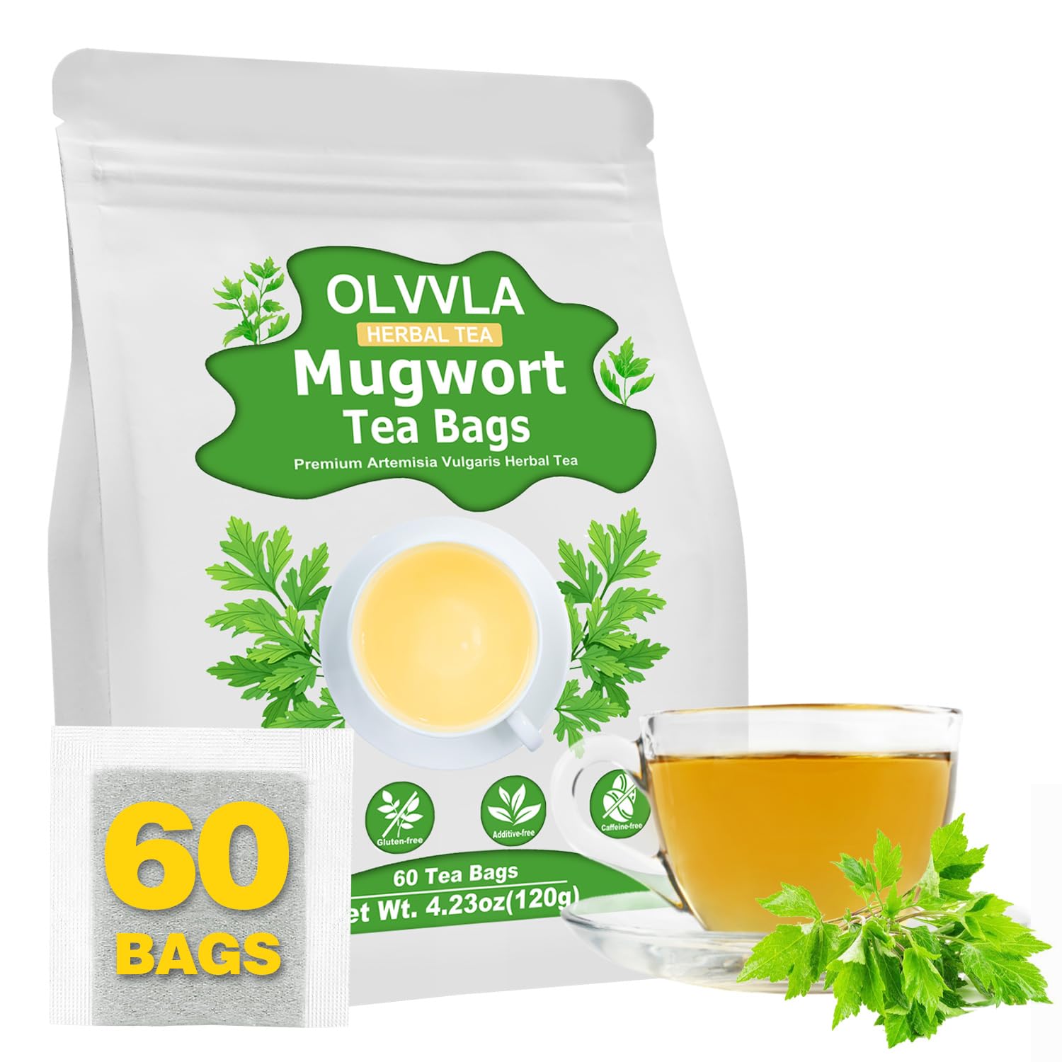 Olvvla Premium Mugwort Tea Bags - 100% Pure, Caffeine-Free, Antioxidant-Rich - 60 Count Pack