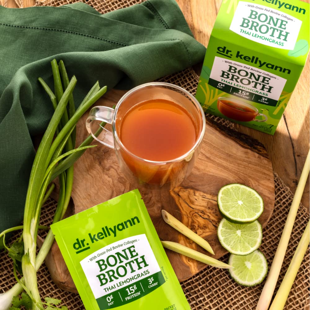 Dr. Kellyann Thai Lemongrass Bone Broth Packets (7 Servings) - 16G Protein, Grass-Fed Hydrolyzed Collagen, Keto & Paleo-Friendly