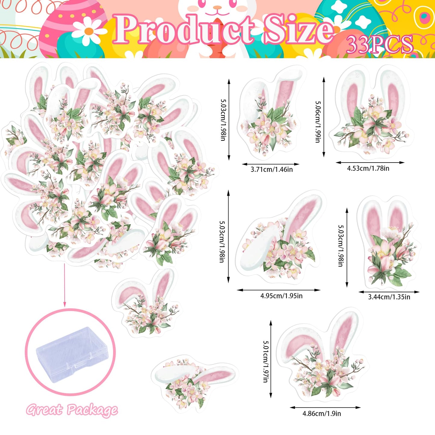 33Pcs Edible Floral Easter Bunny Ear Cupcake Toppers Edible Pink White Rabbit Ears Cupcake Picks Wafer Paper Easter Day Cake Top