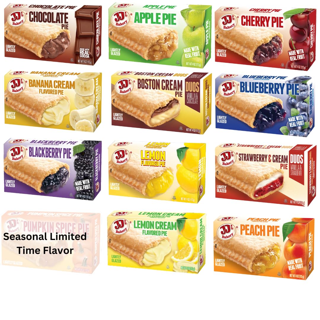 JJ s Bakery Snack Pie Variety Pack - Fresh Baked Fruit Pies Apple, Cherry, Chocolate, Lemon, Peach, Pie Crust Nut-Free Individu