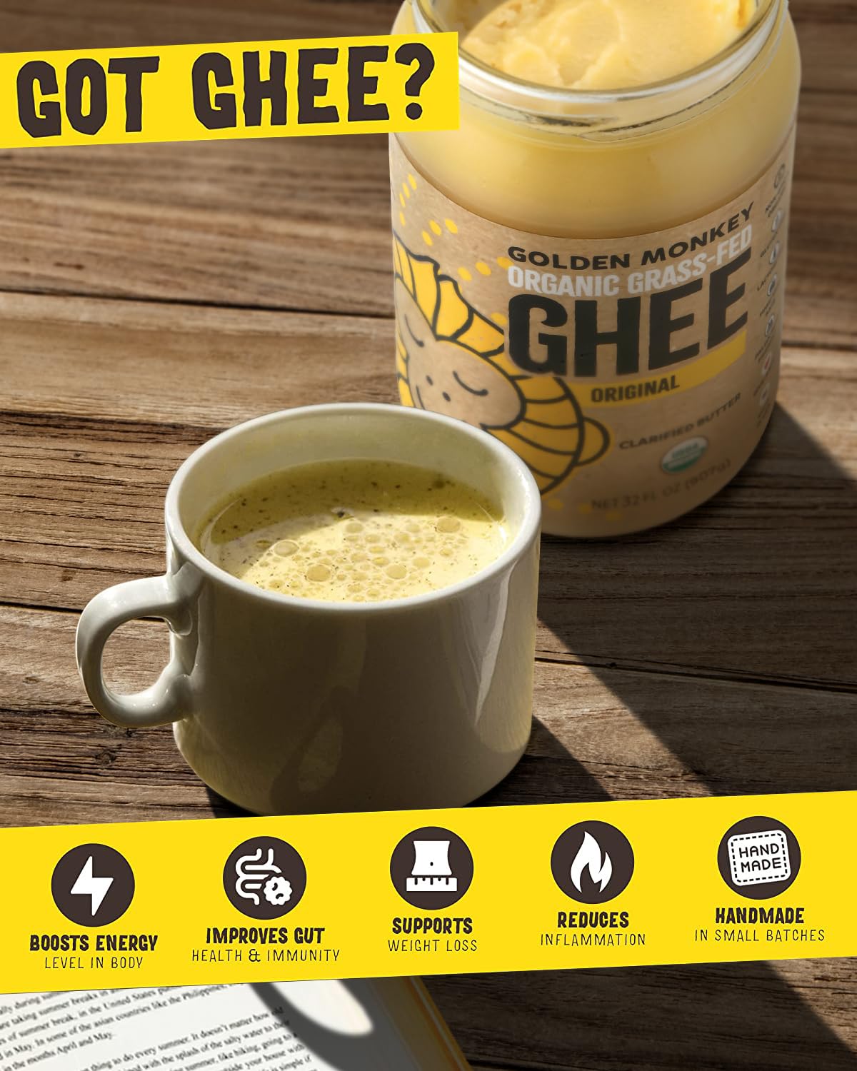 GOLDEN MONKEY Organic Ghee Butter - Grass Fed Clarified Butter for Cooking, Baking, Keto & Gut Health - Ghee Butter Organic Gras