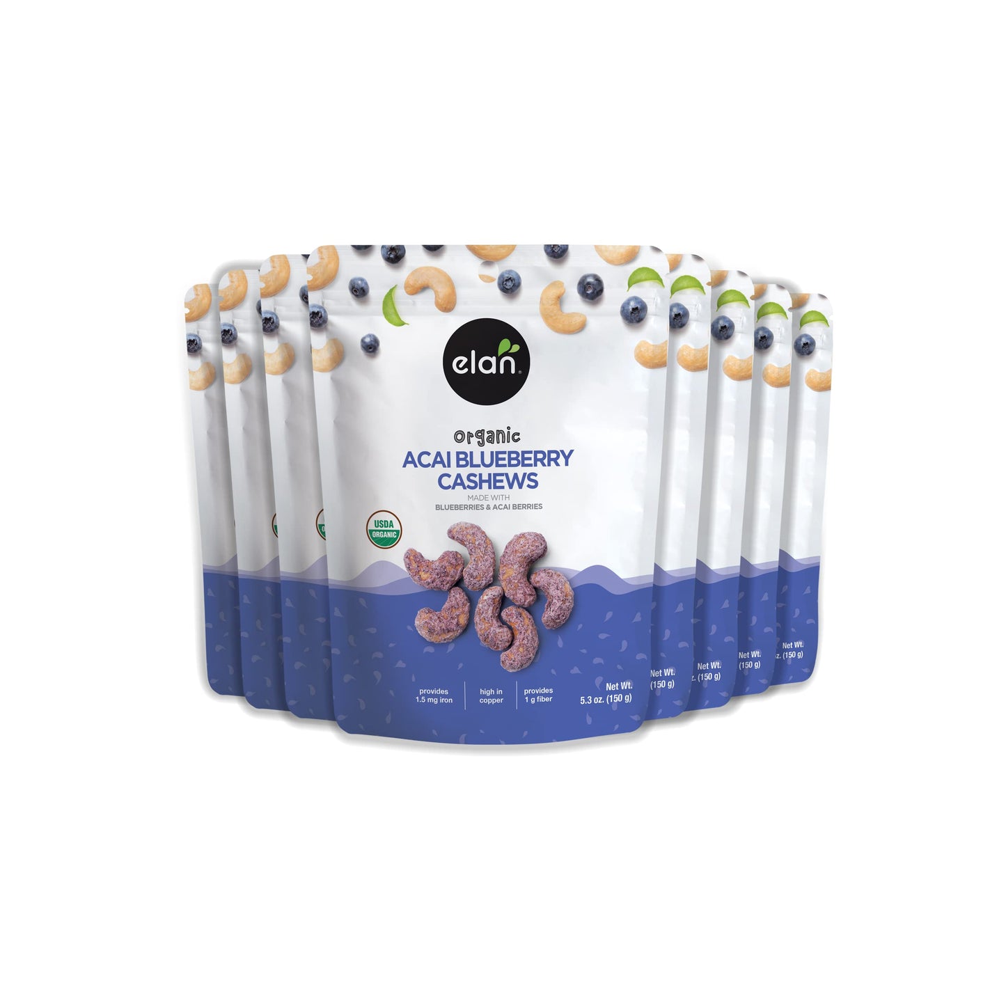Elan Organic Acai Blueberry Cashews, Non-GMO, Vegan, Gluten-Free, Kosher, Glazed Nuts (Roasted Cashews, Acai Berry Powder, Blueb