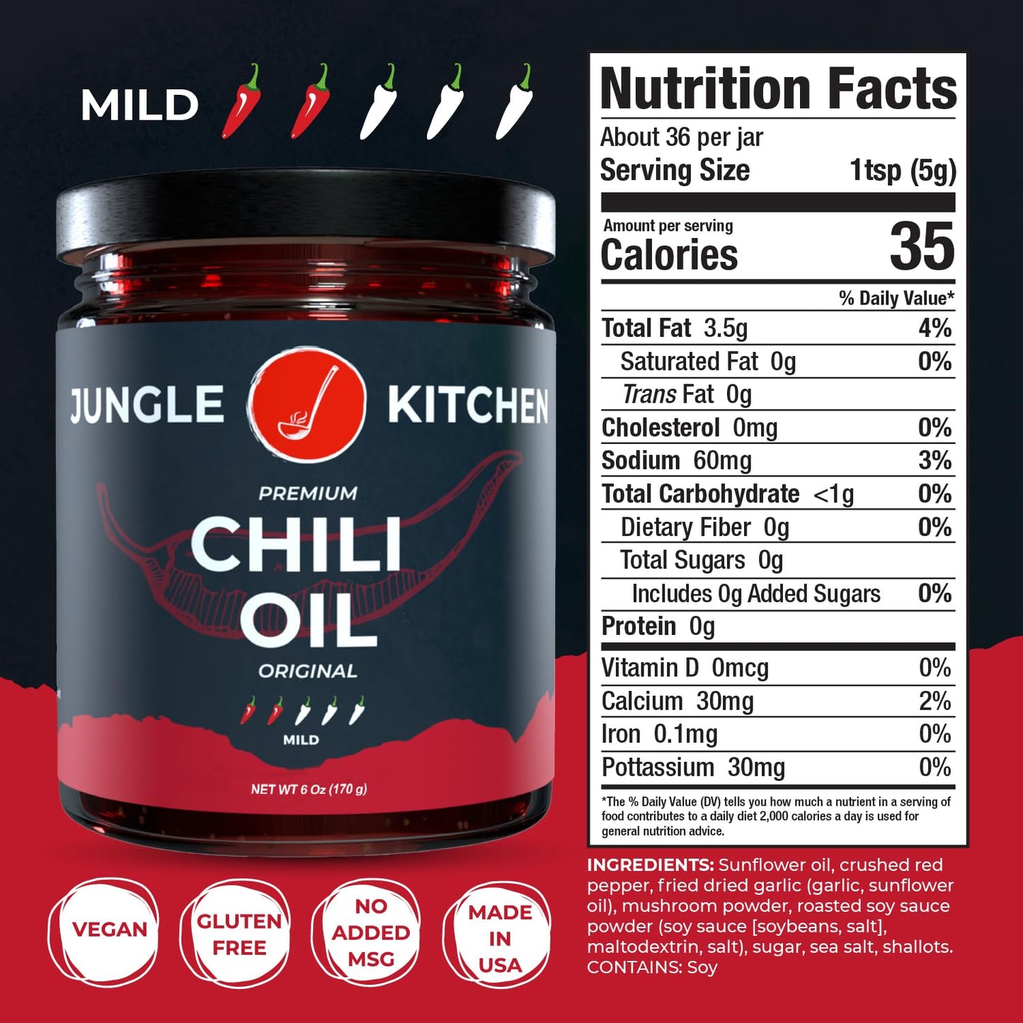 Jungle Kitchen Crunchy Garlic Chili Oil Chili Crisp Oil Vegan & Gluten-Free For Meats, Stir Fry, Vegetables, 6Oz- 3 Pack