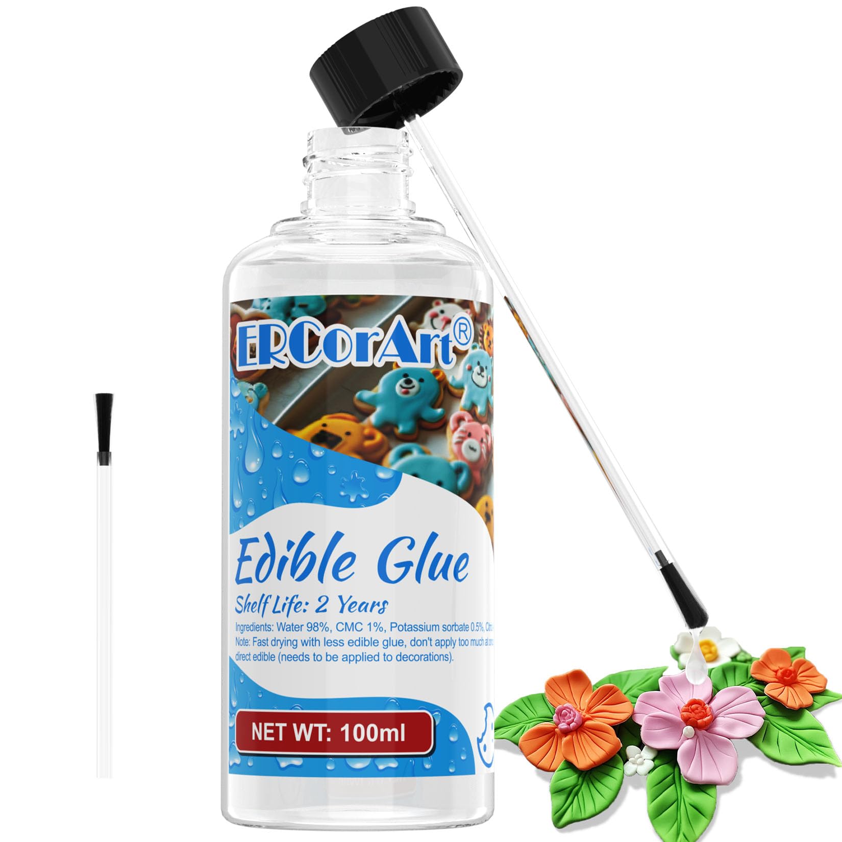 Edible Glue For Cake Decorating - Transparent Edible Flowers Cake Adhesive For Fondant, Icing Decorating, Cookie, Baking, Buttercream - 100Ml/3.4 Oz