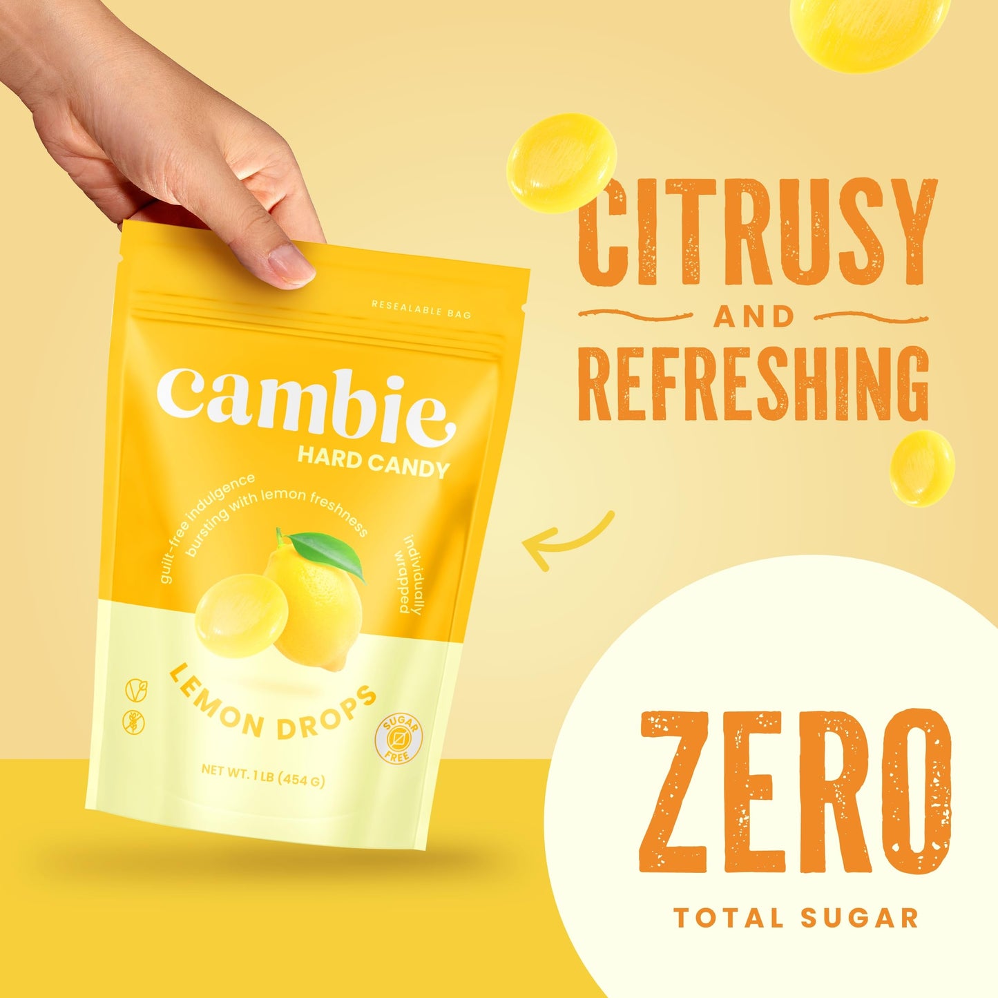 Sugar Free Lemon Drops By Cambie,1 Lb Of Lemon Flavored Sugar Free Candy, Individually Wrapped Bon Bons, Keto Friendly Candy, 1