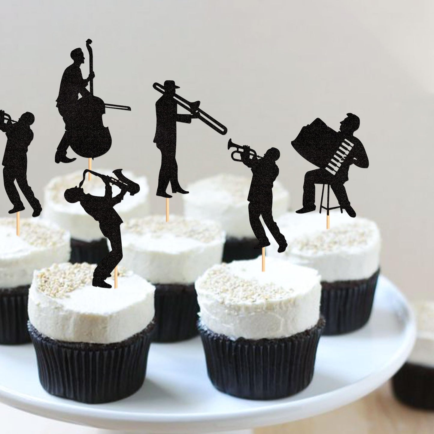 Ercadio 25 Pack Jazz Band Cupcake Toppers Black Glitter Band Cupcake Picks Vintage Jazz Music Theme Cupcake Picks Music Concert