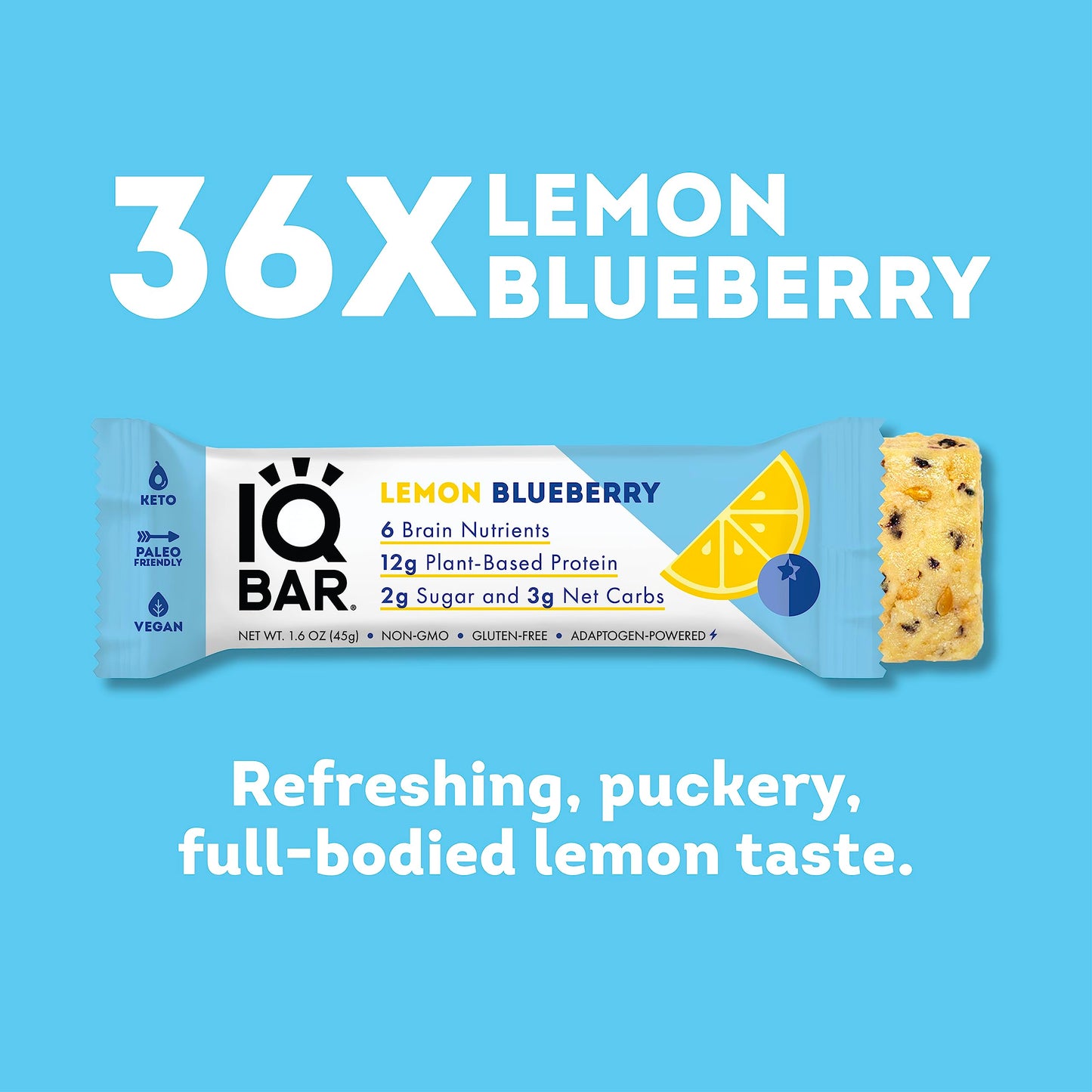 IQBAR Brain and Body Plant Protein Bars - Lemon Blueberry - 36 Count  Low Carb  High Fiber  Gluten Free  Healthy Vegan Snacks - Low Sugar Keto Bar