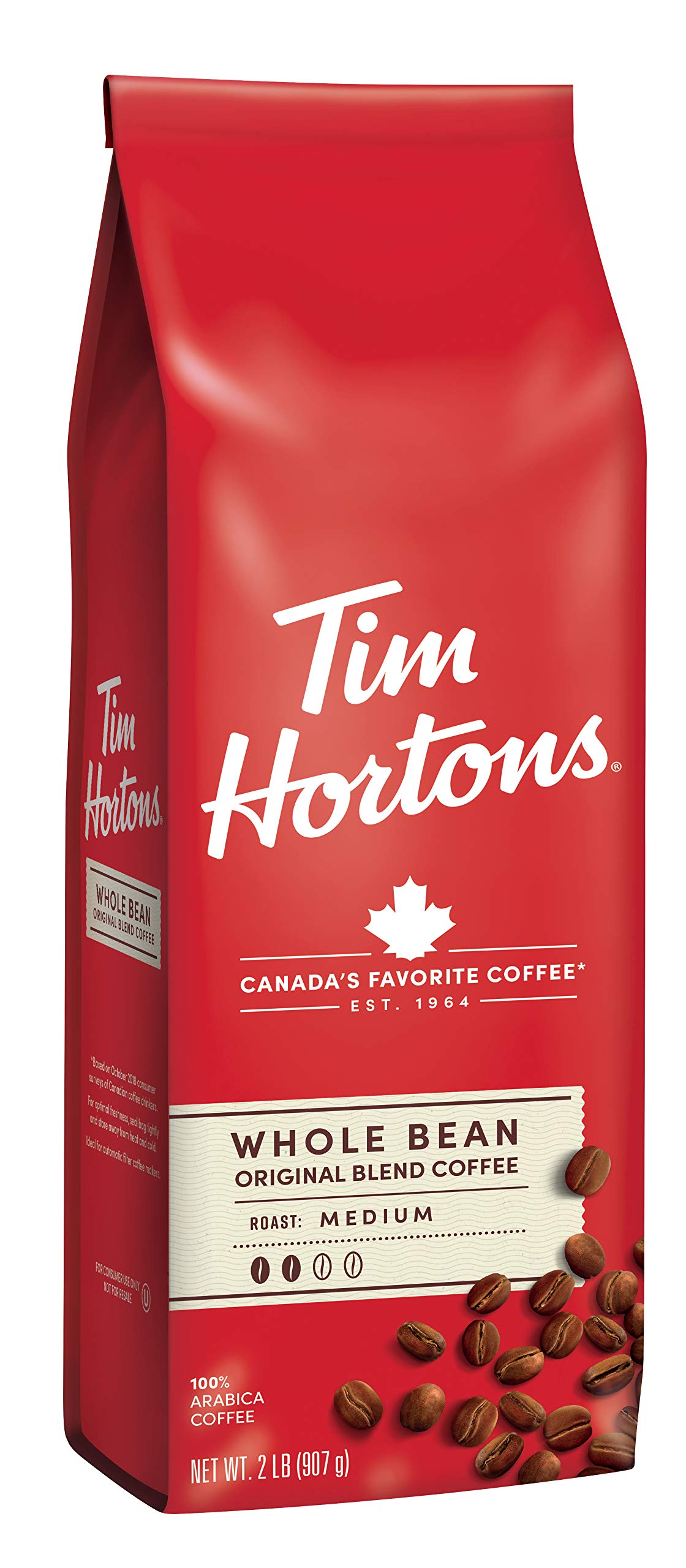Tim Hortons Whole Bean Medium Roast Coffee, 100% Arabica, 32 Ounce Bag, Red, Model 9807697