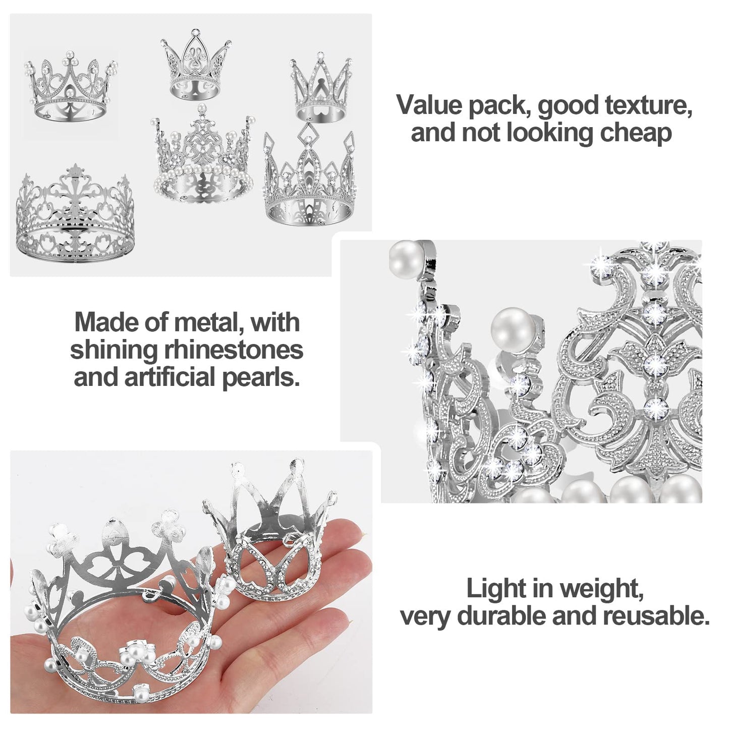 Ruisita 6 Pieces Silver Crown Cake Topper Vintage Pearl Rhinestone Crown Cake Topper Mini Tiara Cupcake Toppers Children Crown H