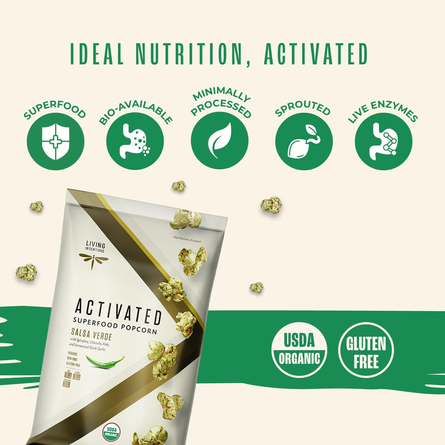 Living Intentions Organic Superfood Popcorn - Salsa Verde - Nongmo - Gluten Free - Vegan - 4 Ounce Unit
