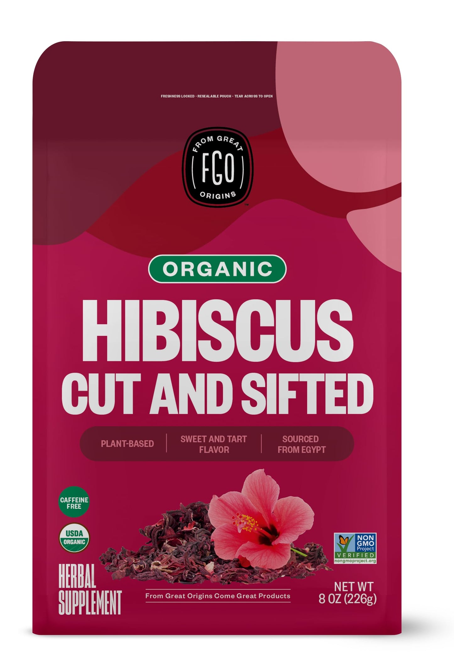 FGO Organic Hibiscus Flowers Loose Tea, Cut and Sifted, 8oz Resealable Bag