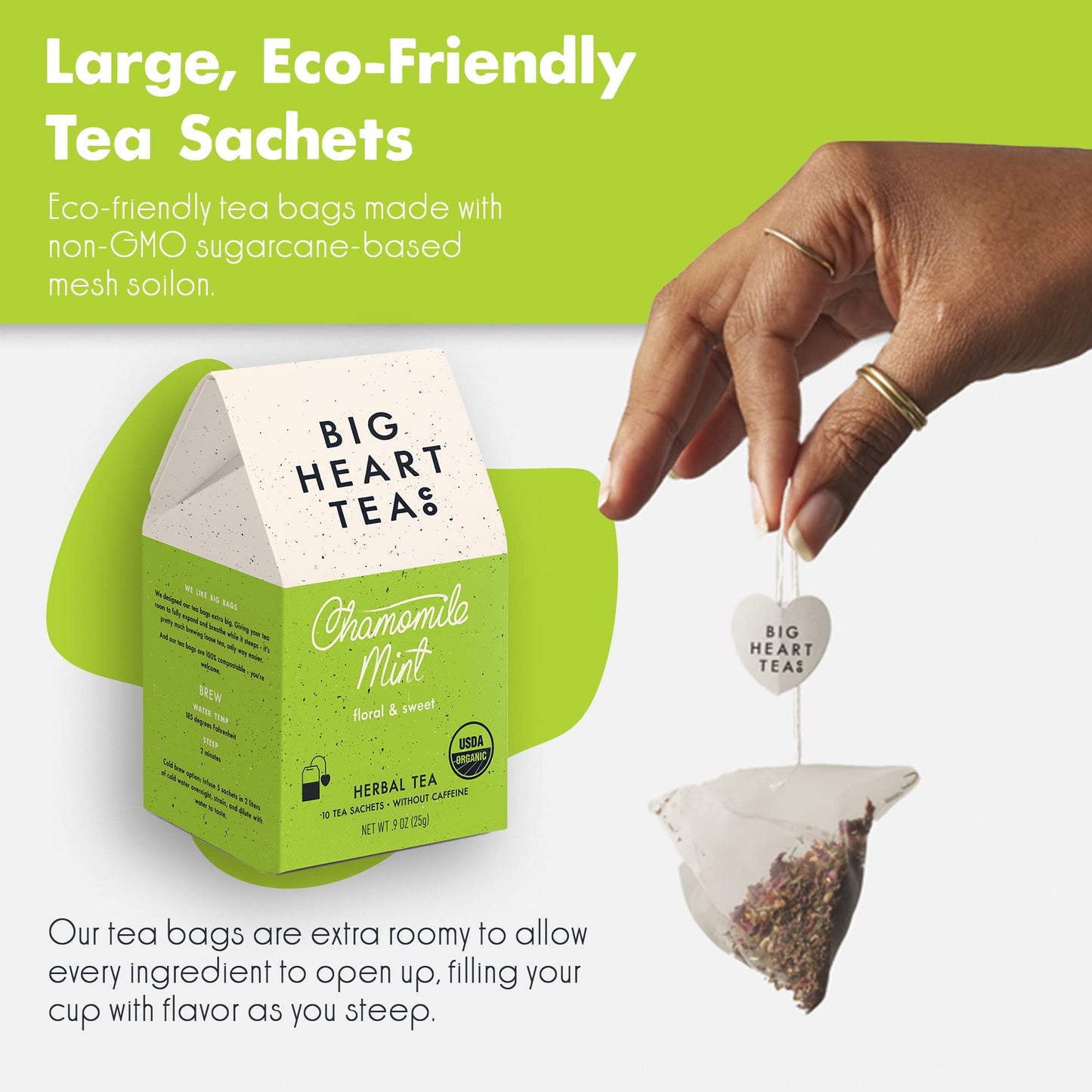 Big Heart Tea Co. Chamomile Mint Tea Bags - Organic Herbal Decaf - 10 Zero Plastic Sachets