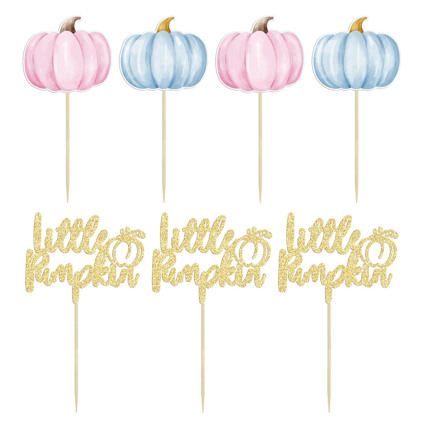 Gyufise 24Pcs Little Pumpkin Cupcake Toppers Blue Pink Pumpkin Cake Toppers Gender Reveal Cake Decorations For Thanksgiving Birt