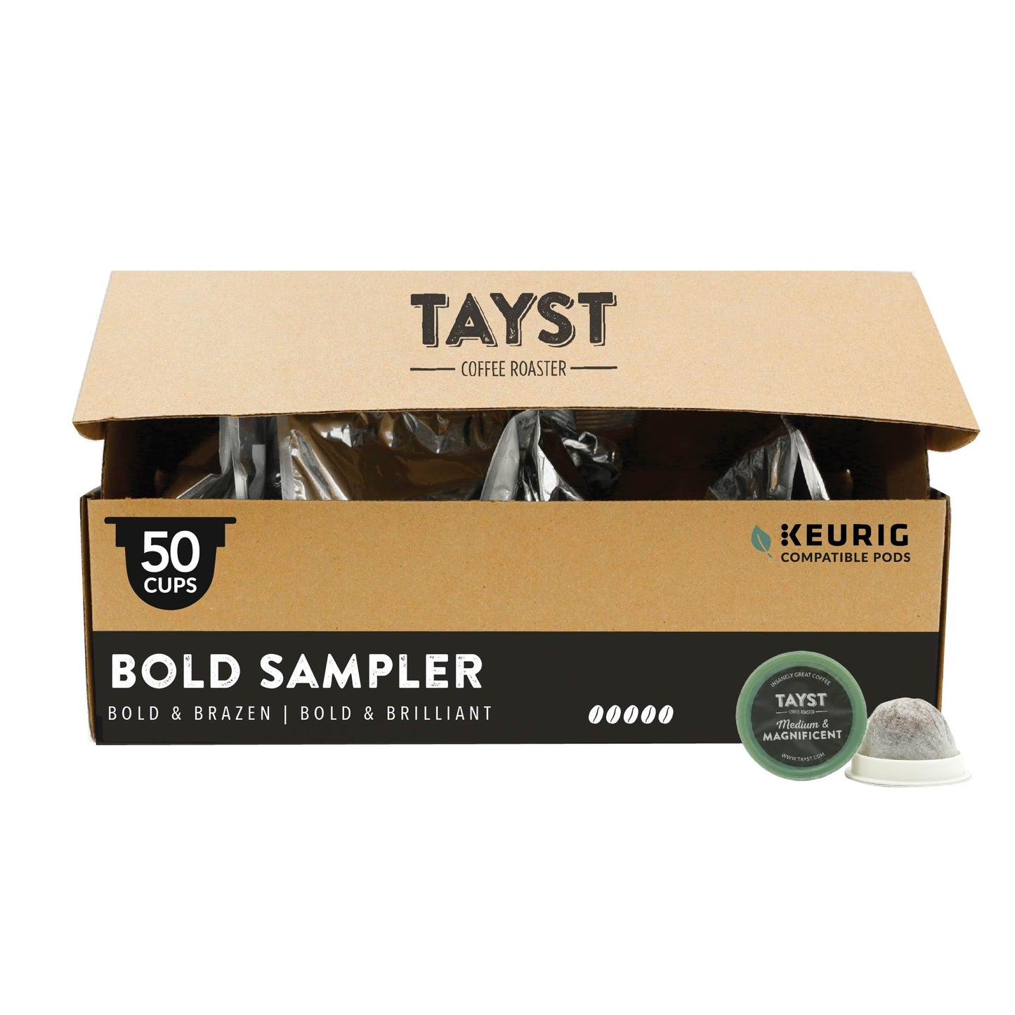 Tayst Coffee Pods Bold Sampler Box, Dark Roast, K Cups Compatible, 50 Count, Brown