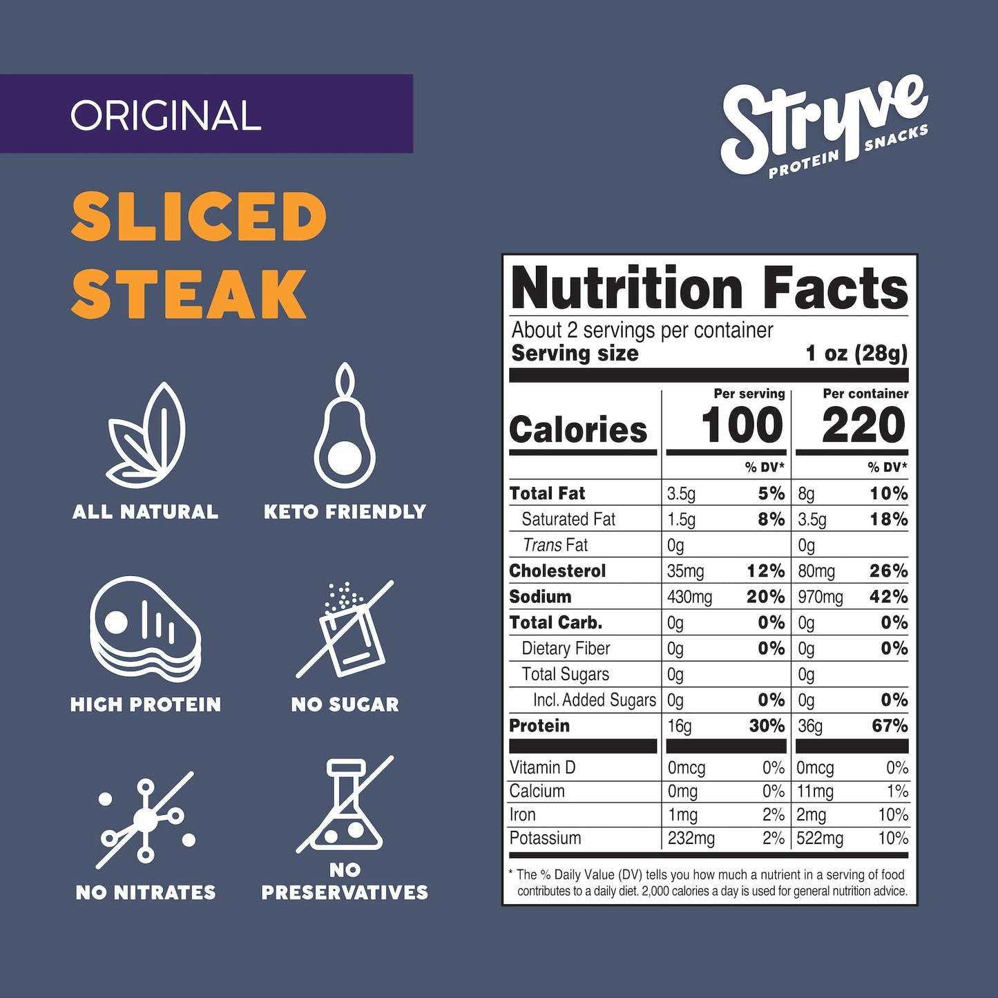 Stryve Beef Biltong Steak Snacks, 36g Protein, Sugar Free, Keto & Paleo Friendly, 2.25 oz (Pack of 4)