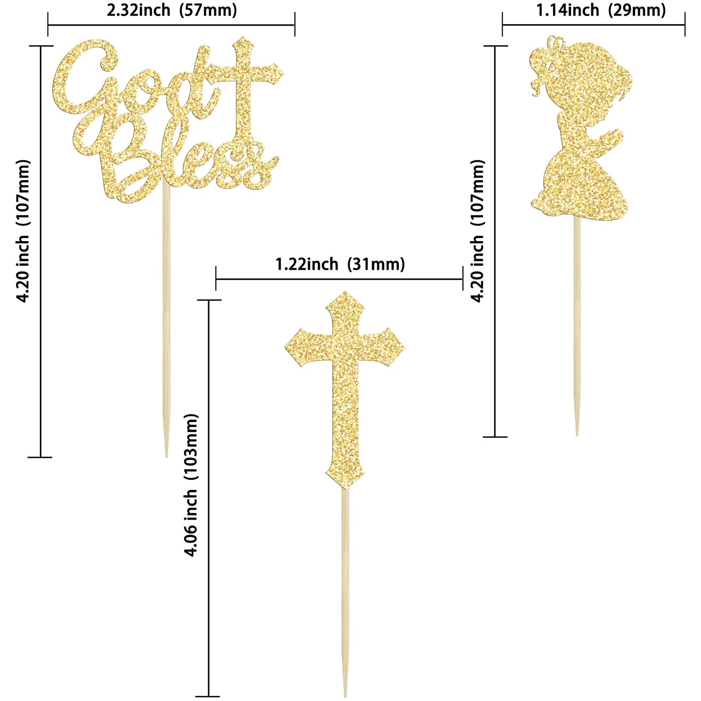 Gyufise 24Pcs Gold Glitter God Bless And Cross Cupcake Toppers Girl Babyshower Cake Topper Decorations For Babyshower Girl Bapti