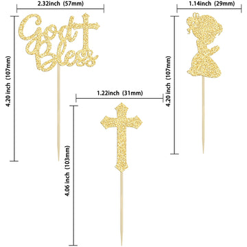 Gyufise 24Pcs Gold Glitter God Bless And Cross Cupcake Toppers Girl Babyshower Cake Topper Decorations For Babyshower Girl Bapti