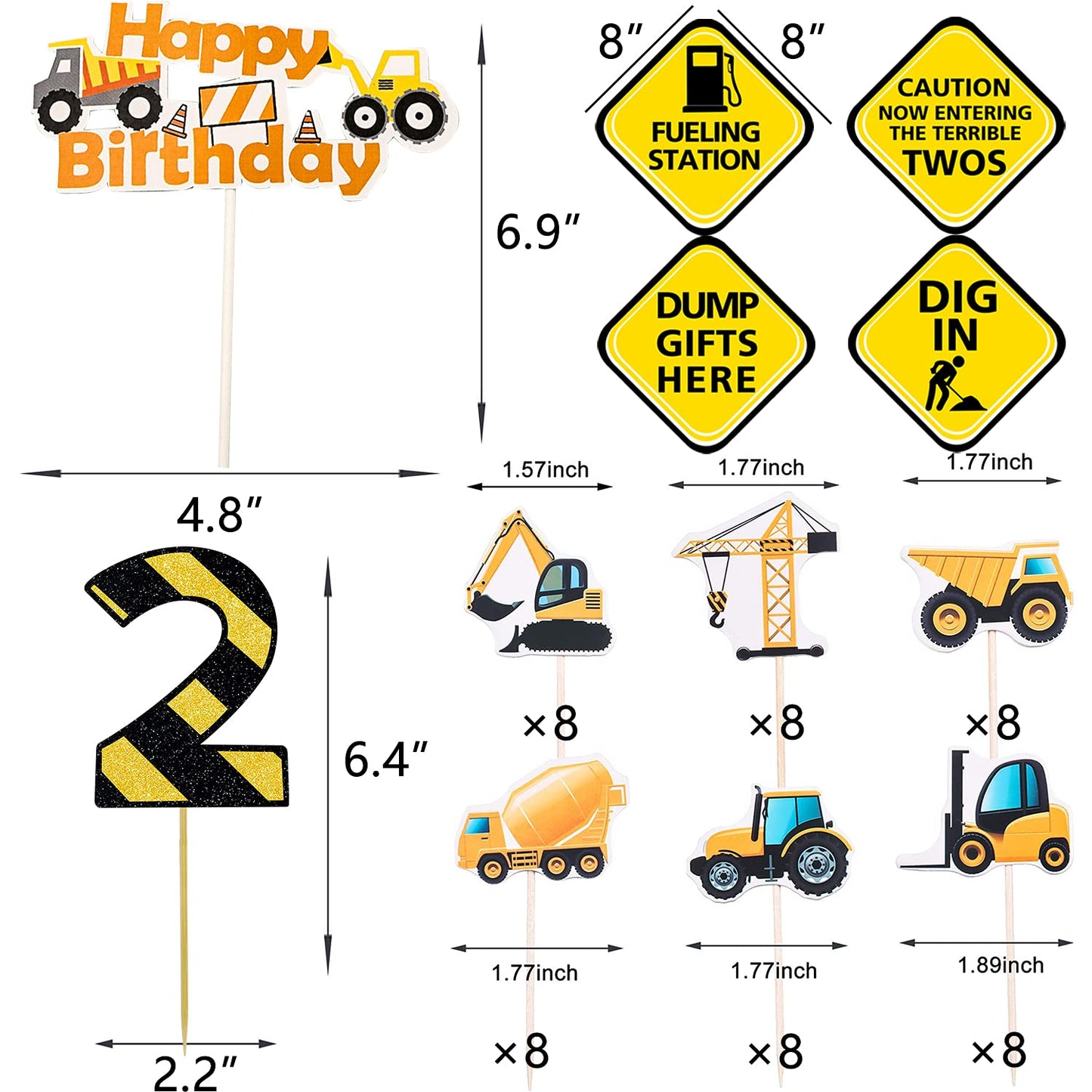 MATTTIME Construction 2nd Birthday Banner and Cupcake Topper, Plastic, Multi-Color, Model 0703, Traffic Sign Cutouts for 2 Years Old Party