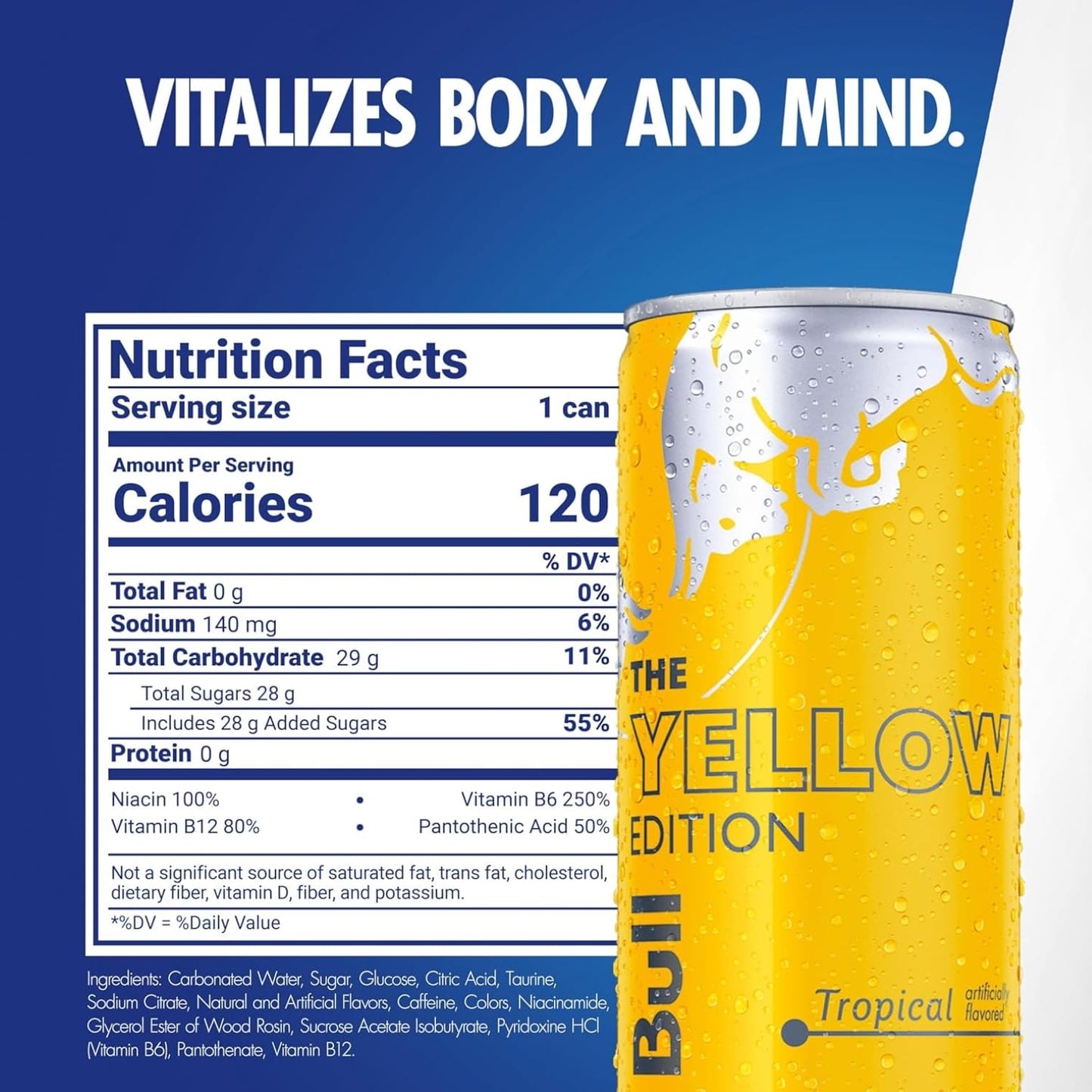 Red Bull Yellow Edition Energy Drink, Tropical, 80mg Caffeine, 8.4 Fl Oz, Pack of 12 Cans