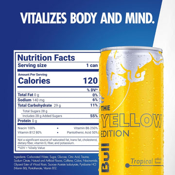 Red Bull Yellow Edition Energy Drink, Tropical, 80mg Caffeine, 8.4 Fl Oz, Pack of 12 Cans