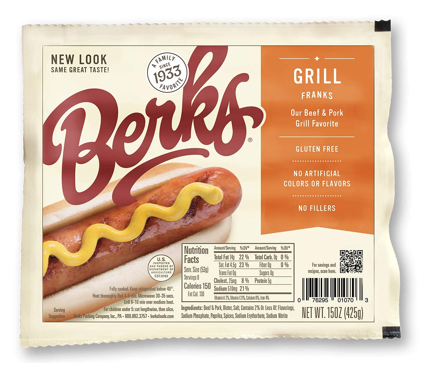 Berks Beef and Pork Grill Hot Dogs, Gluten-Free, Pack of 3, 8 per Pack