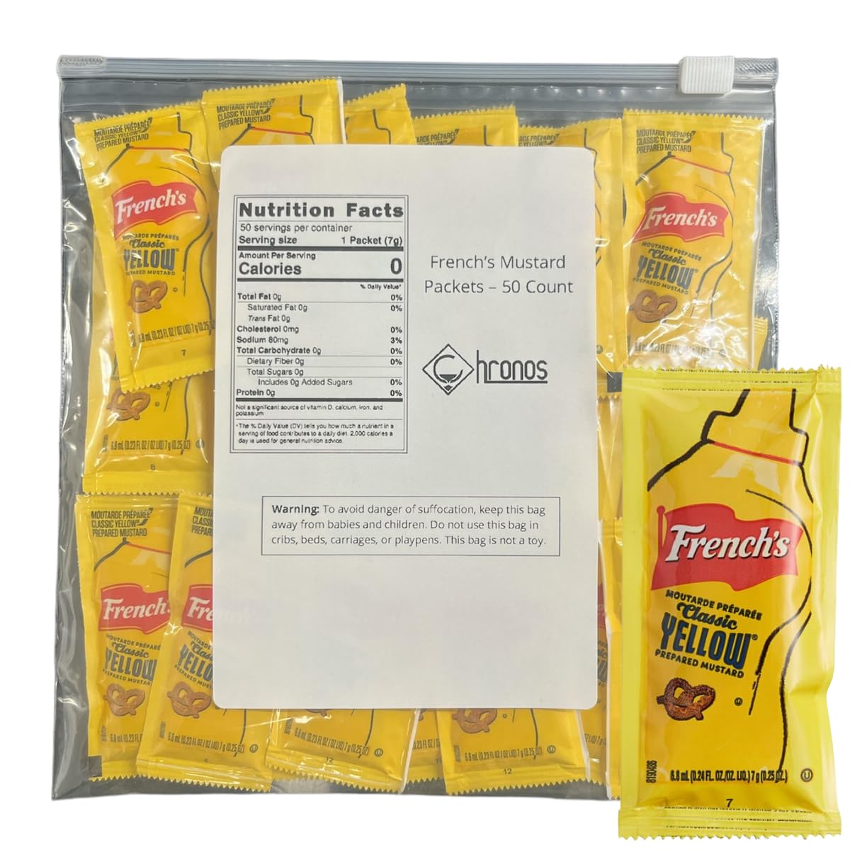 CHRONOS Frenchs Mustard Packets - 50 Count Single Serve (7g each) with Food Safe Slide Seal Bag