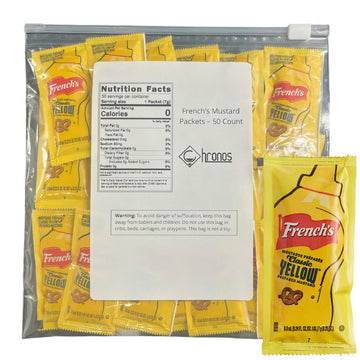 CHRONOS Frenchs Mustard Packets - 50 Count Single Serve (7g each) with Food Safe Slide Seal Bag