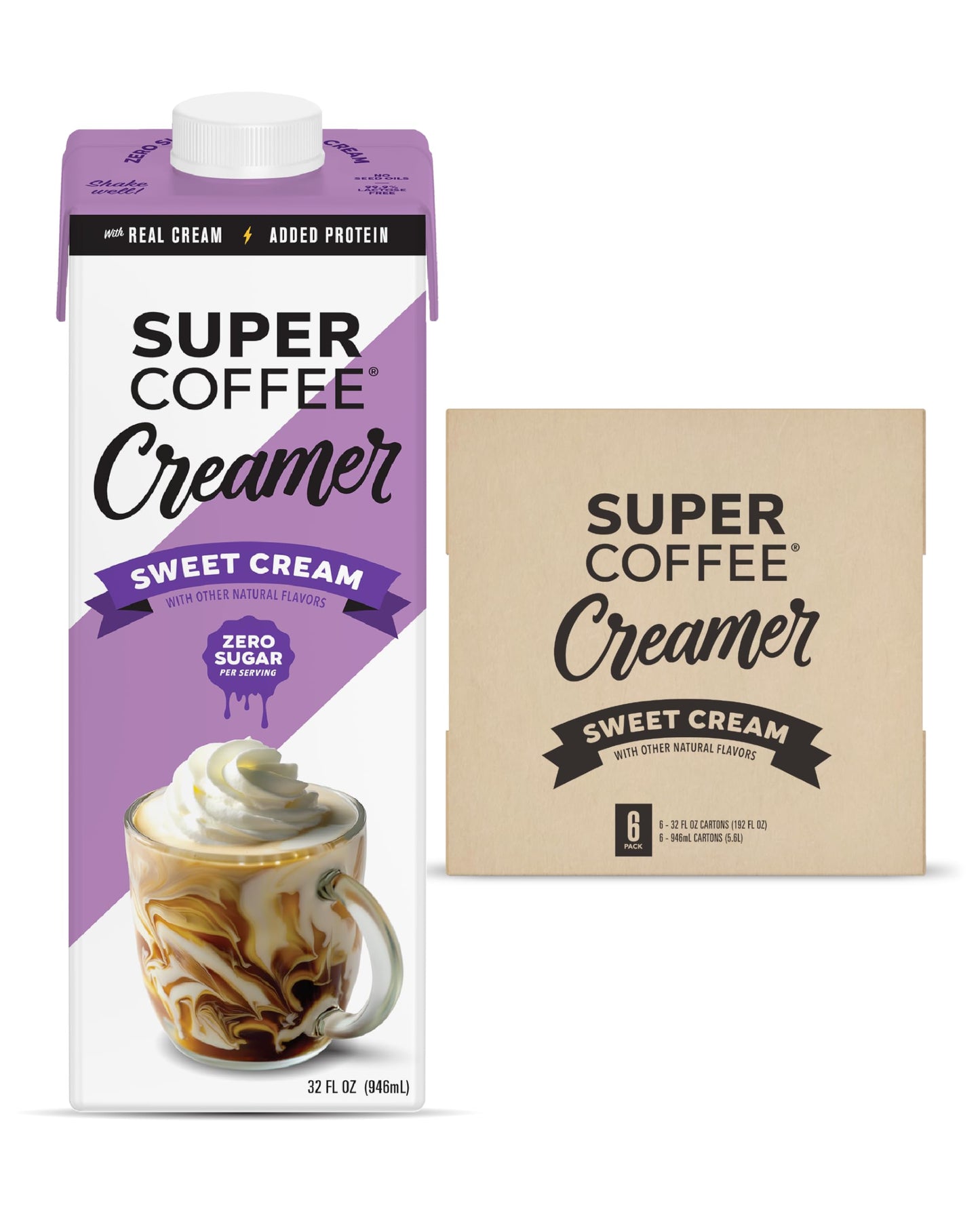 Super Coffee Creamer, SugarFree Creamer (0g Sugar, 1g Protein, 15 Calories) [Sweet Cream] 32 Fl Oz, 6 Pack | Keto Coffee