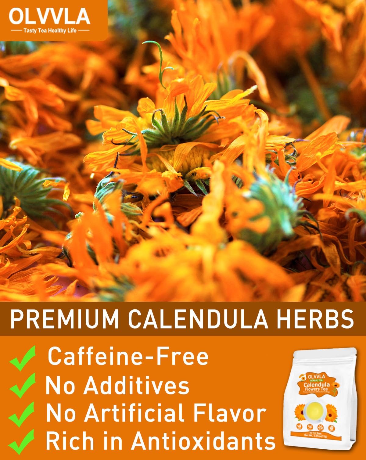 Olvvla Natural Calendula Flowers Tea Bags - Caffeine-free Herbal Tea - 50 Count - Non-GMO - Rich in Antioxidants