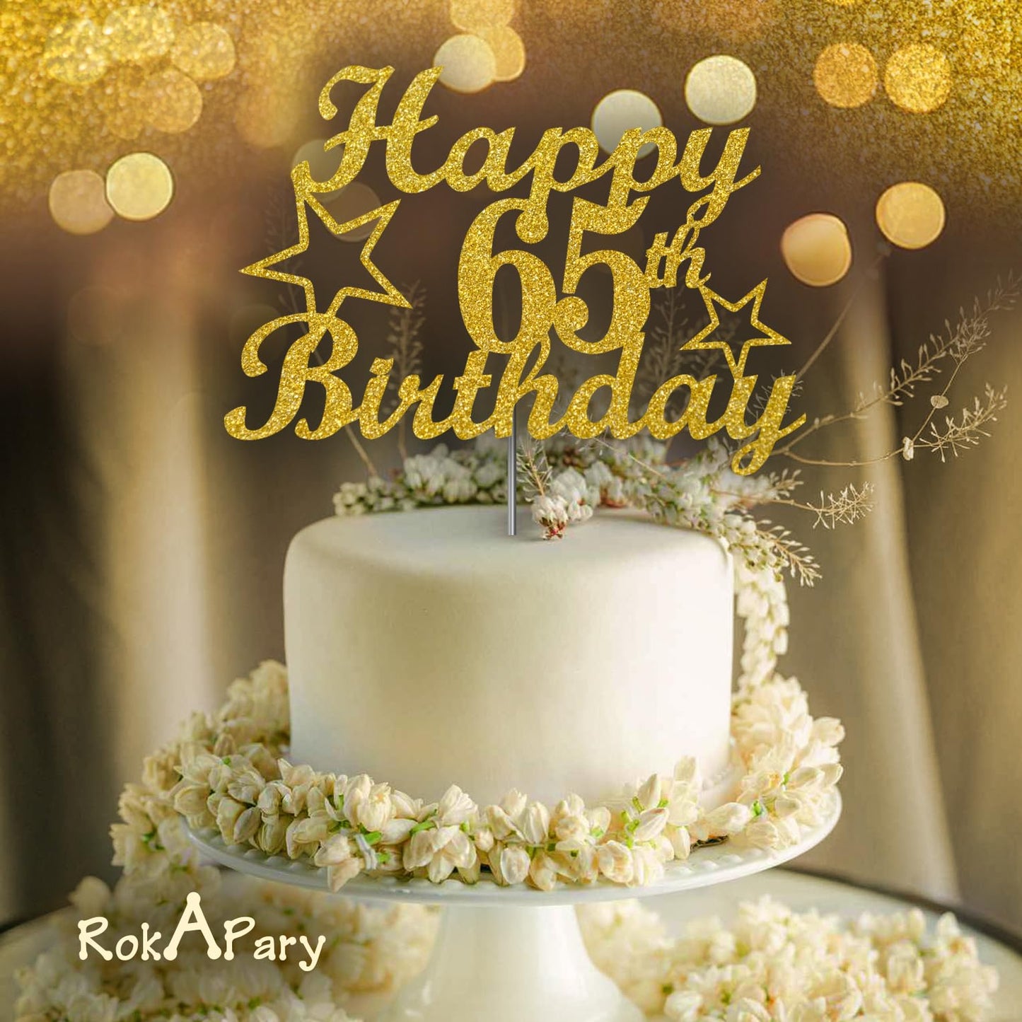 RokAPary 65th Birthday Cake Topper Gold Glitter, Acrylic, 1 Count, Sturdy Double-Sided, Made in USA