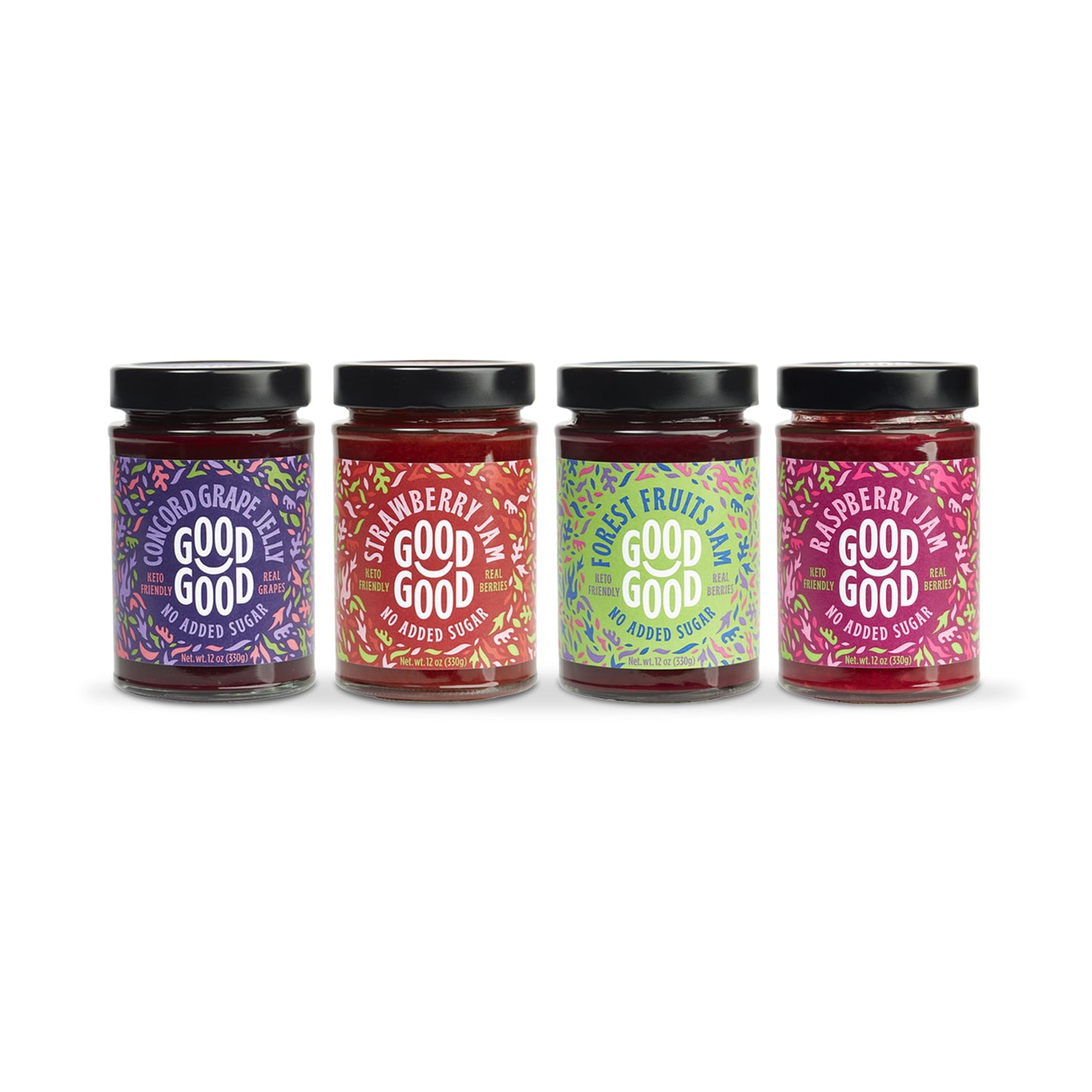 GOOD GOOD No Added Sugar Fruit Jam Variety Pack of 4 - Keto Friendly Jelly - Strawberry, Concord Grape, Forest Fruits and Raspbe