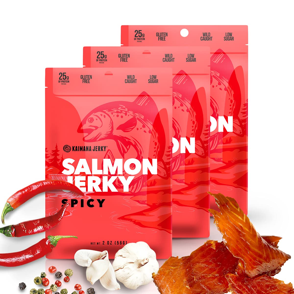 Kaimana Jerky Wild Caught Salmon Jerky - Spicy Flavor - 3 Pack of 2oz - Organic, Low-Calorie, Gluten-Free Seafood Snack