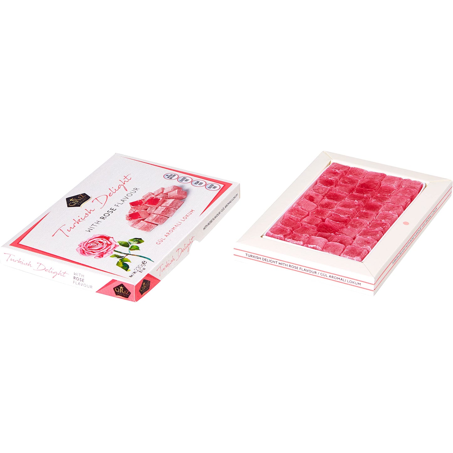 Cerez Pazari Turkish Delight With Rose Flavour 230Gr Gourmet Small Size Snacks Gift Box | No Nuts Sweet Traditional Vegan Soft C