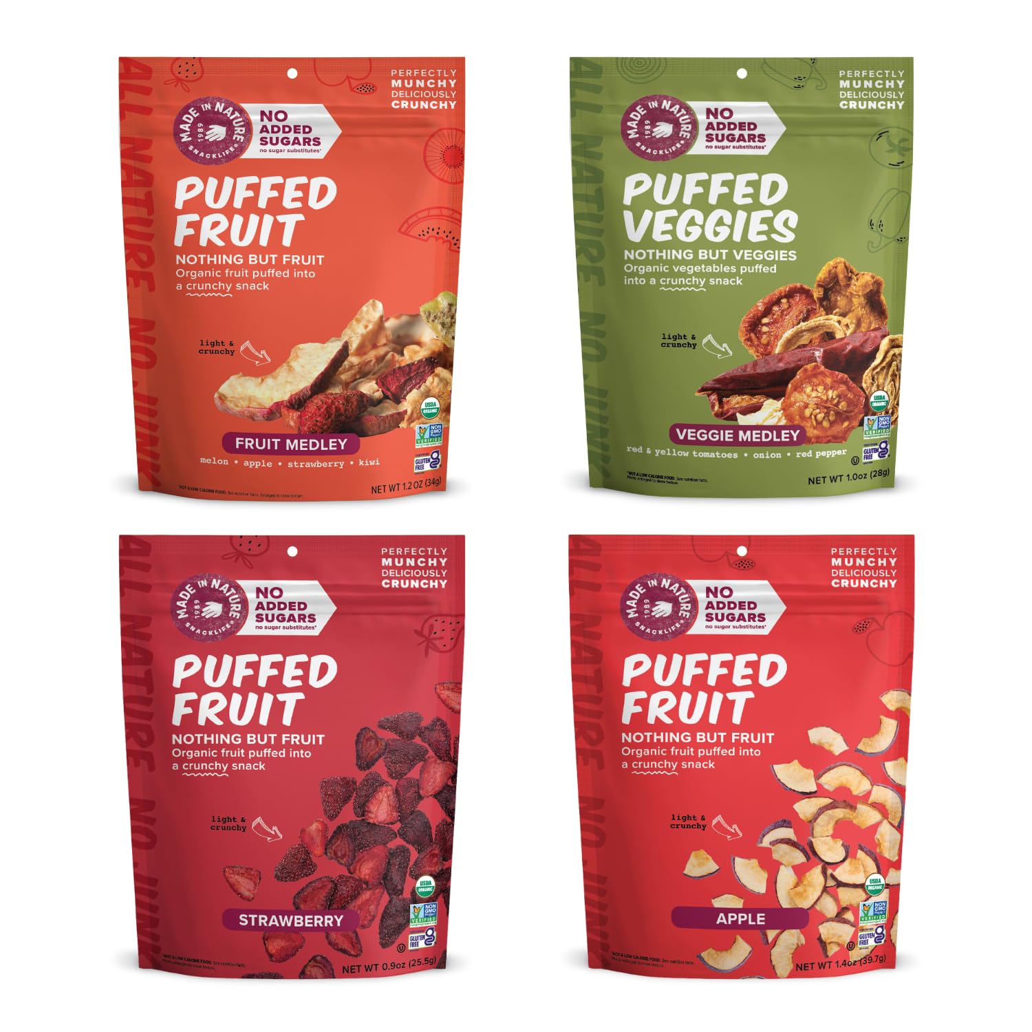Made In Nature Organic Puffed Fruit & Veggie, Sampler Pack (Pack of 4) - 1 Veggie Medley, 1 Strawberry, 1 Fruit Medley, 1 Apple,