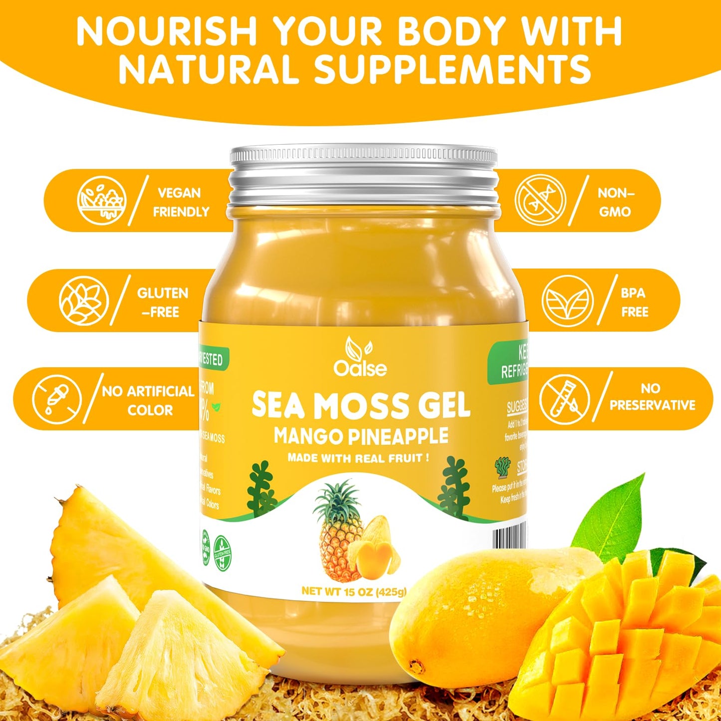 OALSE Sea Moss Gel - Mango Pineapple Flavor, Non-GMO, Gluten-Free, Vegan - 15 OZ, Yellow