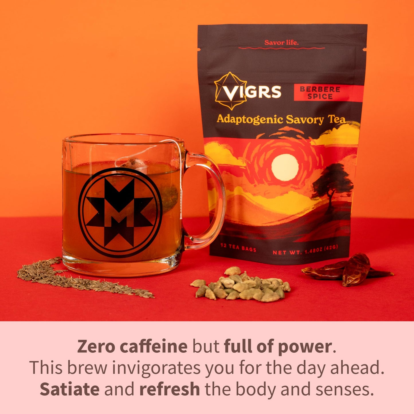 Vigrs Sipping Broth Adaptogenic Herbal Steep Sachets With Savory Seasonings, Berbere Spice Indian Flavor, Vegan, Keto, Gluten Fr