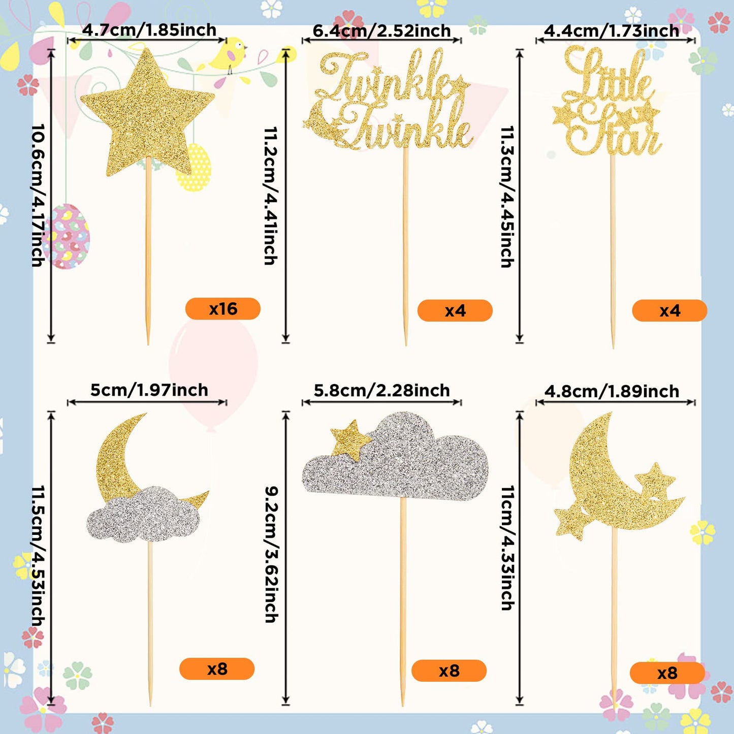 Henoyso Cupcake Toppers 48 Pcs Glitter Star and Moon Picks Gold Silver Bamboo Cardstock Baby Shower Wedding Party Decorations