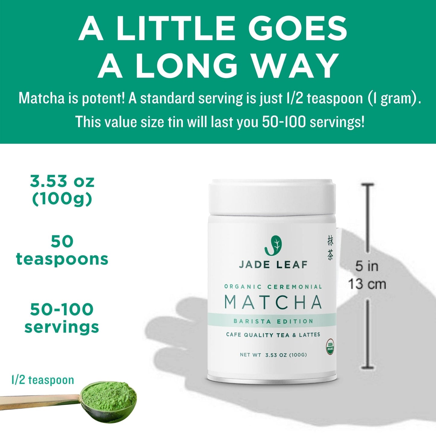 Jade Leaf Matcha Organic Ceremonial Grade Green Tea Powder - Barista Edition For Cafe Quality Tea & Lattes - Authentic Japanese Origin (3.53 Ounce Tin)