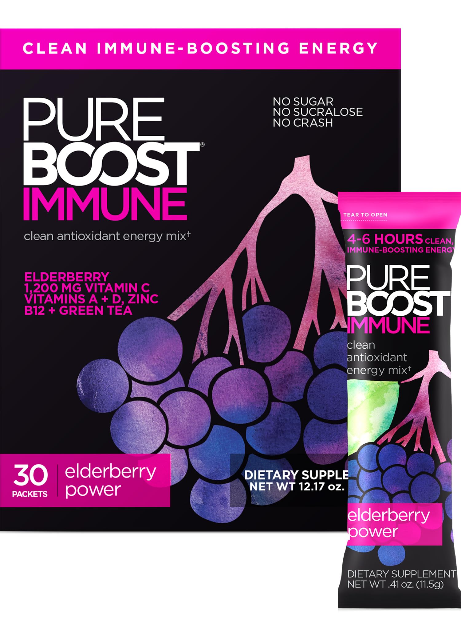 Pureboost Immune Clean Energy Booster  Refreshing Energy Drink Mix and Immunity dietary product with Elderberry  1 200 mg Vitamin C  Vitamins A + D  and Zinc. (Elderberry Power  30 Count)
