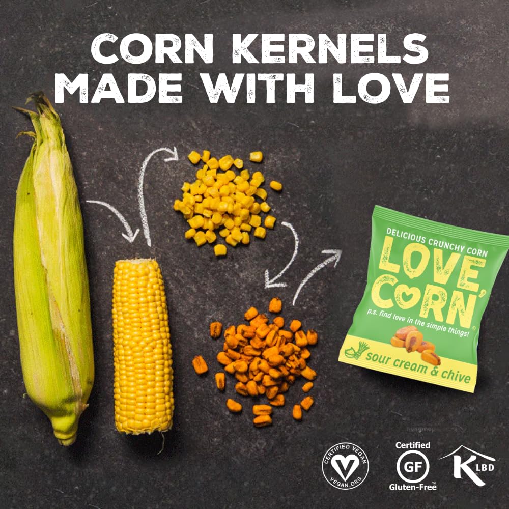 Love Corn Crunchy Corn Snacks, Sour Cream & Onion, 0.7oz Pack of 20, Gluten Free, Kosher, Non-GMO
