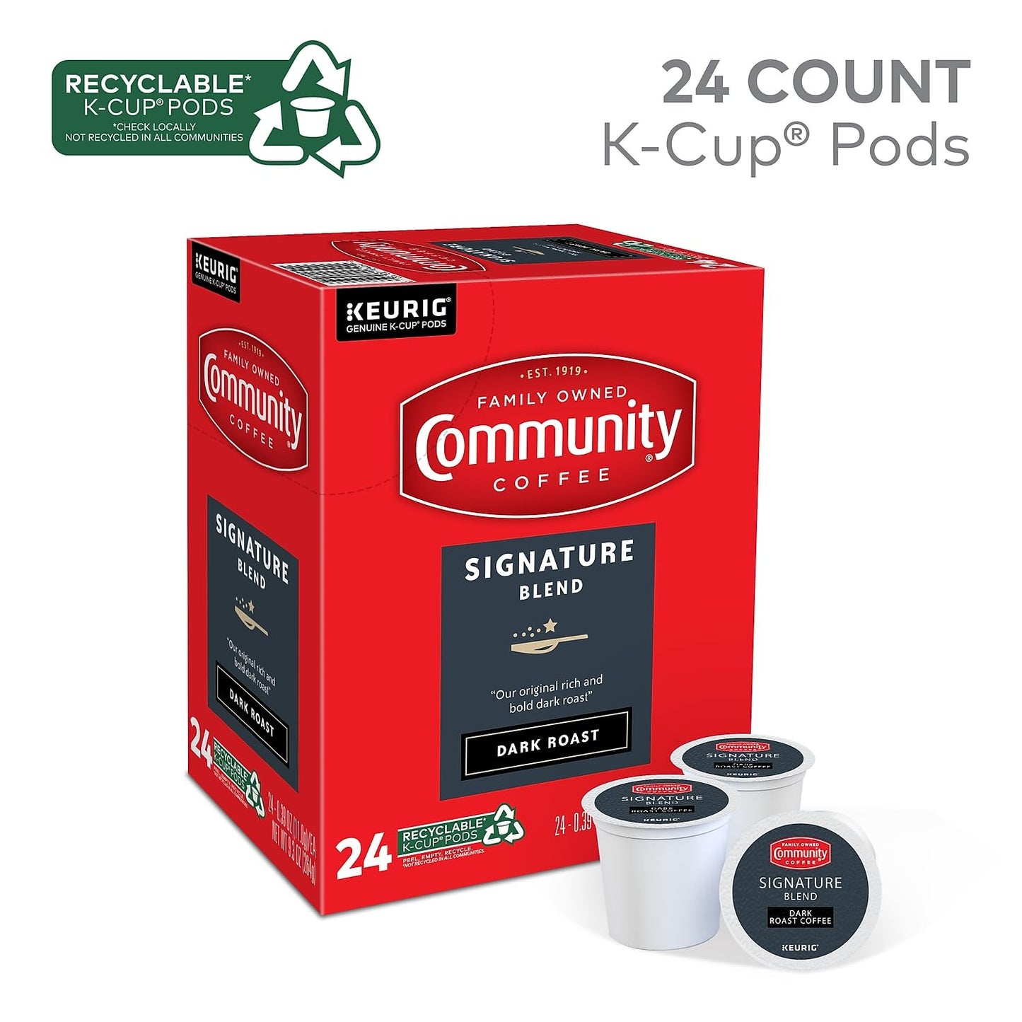 Community Coffee Signature Blend Dark Roast Coffee Pods, Compatible with Keurig 2.0, 24 Count, Paper, Model 5000374328