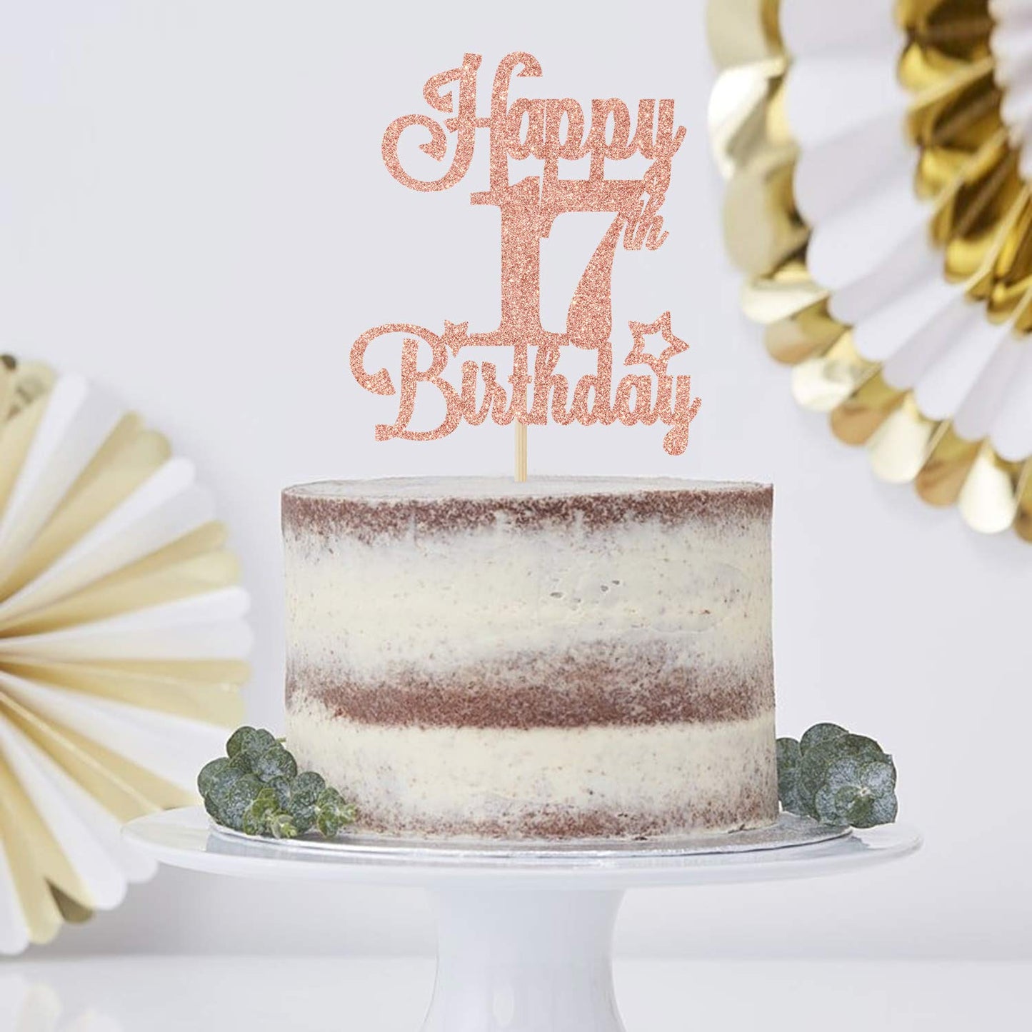 Happy 17Th Birthday Cake Topper, Cheers To 17 Years, Hello 17, 17Th Birthday Anniversary Party Decorations Rose Gold Glitter.