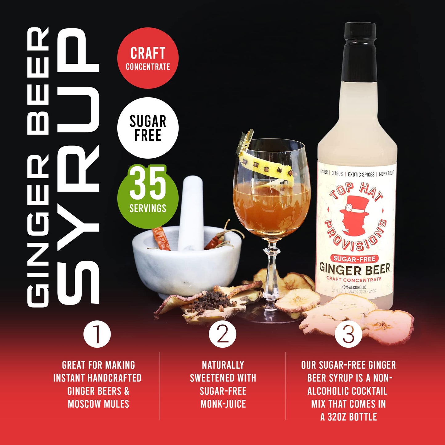 Top Hat Provisions Keto Sugar Free Ginger malt-inspired Syrup Mix - 32oz Bottle - Naturally Sweetened with Monk Fruit